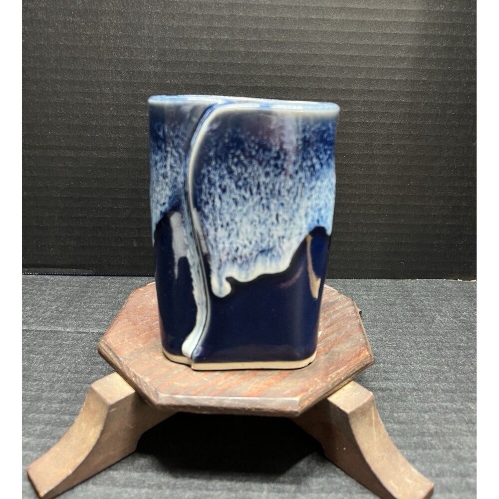 Bay Pottery Artisan Square Candle Holder Cut Out Floral Detail Blue Speckled